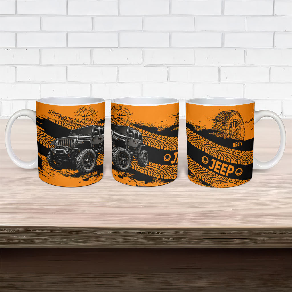 Jeep 85th Anniversary Off Road 4x4 Ceramic Mug Orange And Black Distressed Grunge Tire Tracks