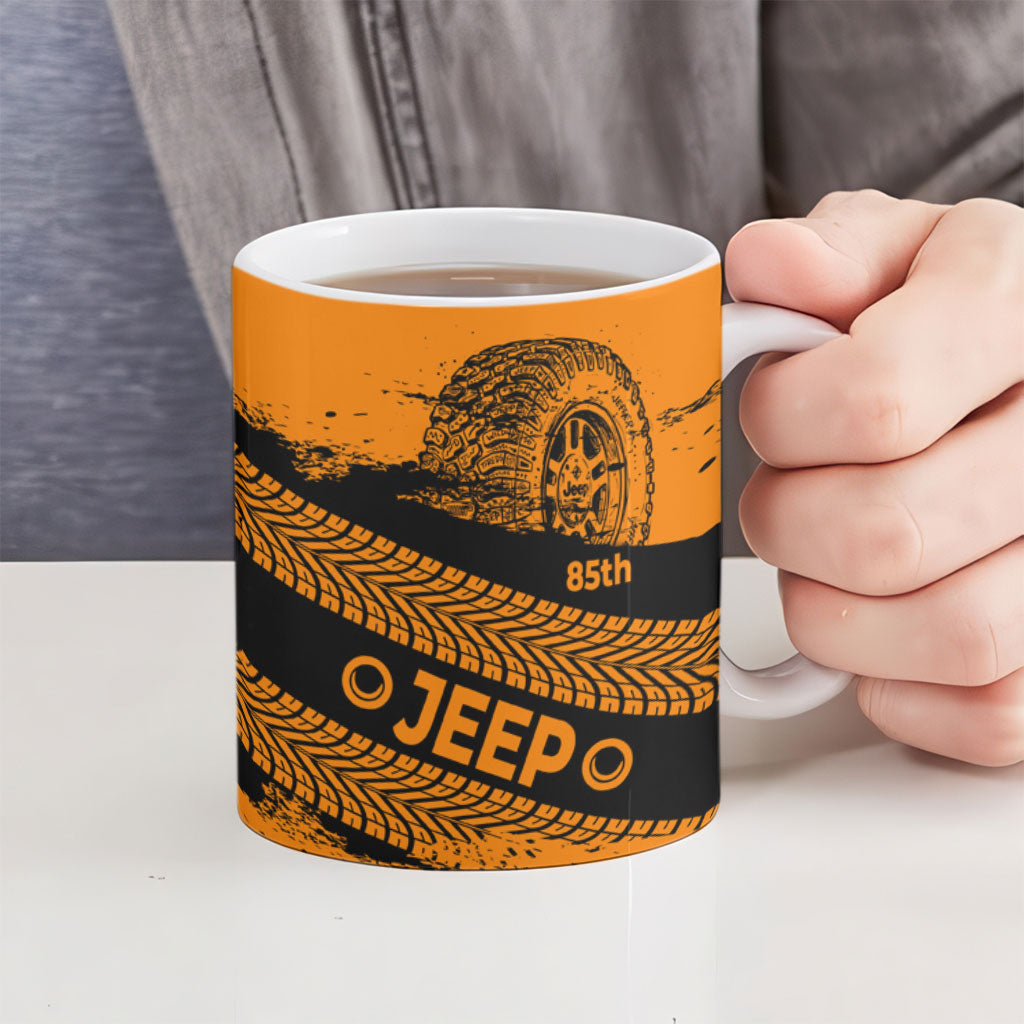 Jeep 85th Anniversary Off Road 4x4 Ceramic Mug Orange And Black Distressed Grunge Tire Tracks