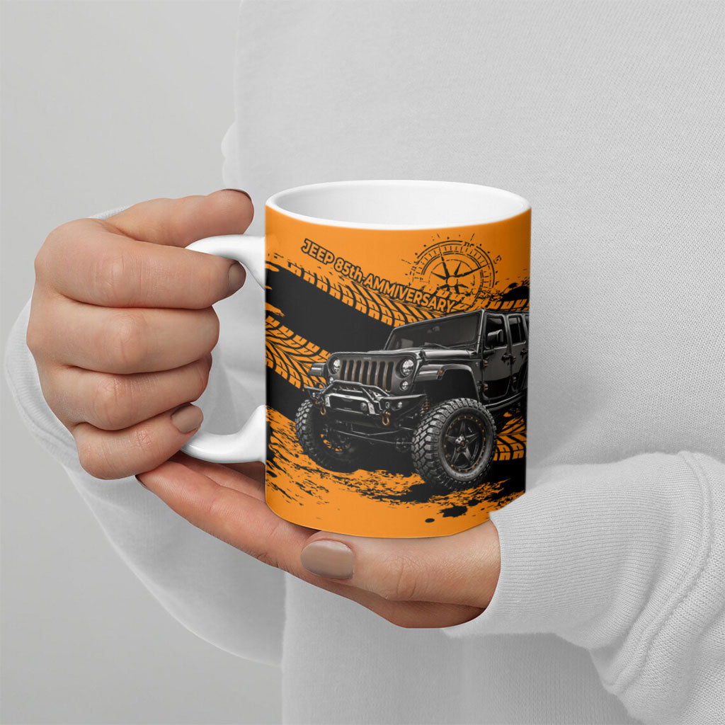 Jeep 85th Anniversary Off Road 4x4 Ceramic Mug Orange And Black Distressed Grunge Tire Tracks