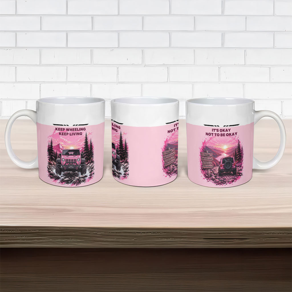 Suicide Prevention Awareness Off Road Ceramic Mug Jeep Mountain Sunset Keep Wheeling Keep Living