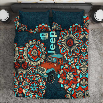 Jeep Mandala Drive Bedding Set Boho Tribal Floral Art Style