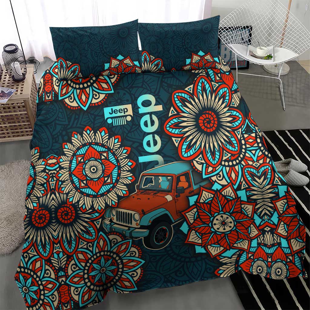 Jeep Mandala Drive Bedding Set Boho Tribal Floral Art Style