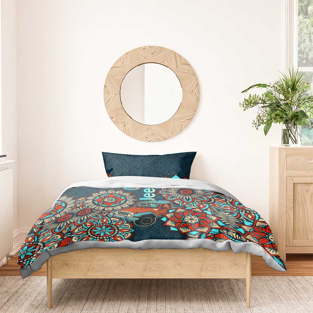 Jeep Mandala Drive Bedding Set Boho Tribal Floral Art Style