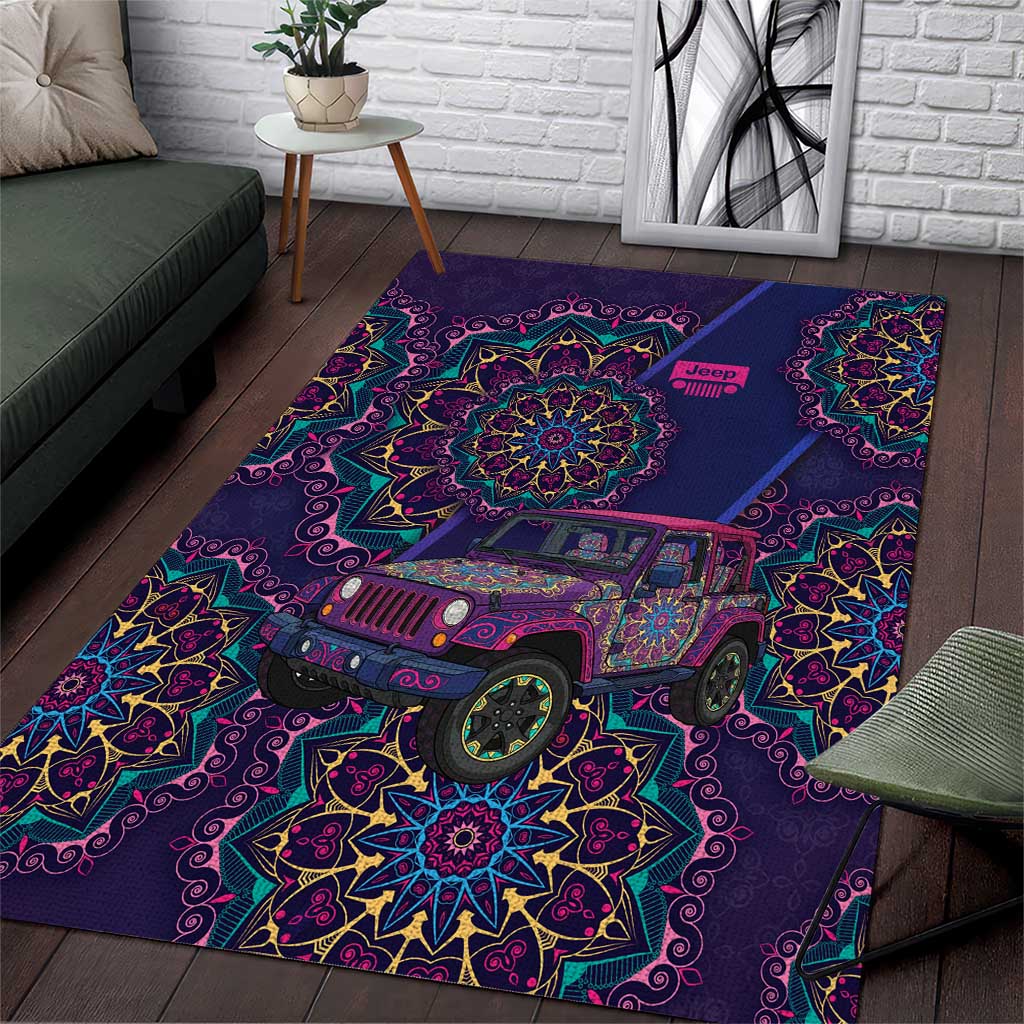 Jeep Psychedelic Ride Area Rug Neon Mandala Bohemian Art Style TS04