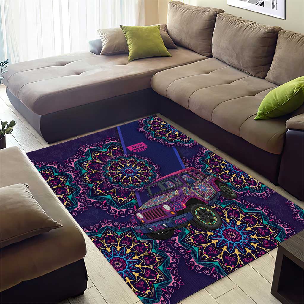 Jeep Psychedelic Ride Area Rug Neon Mandala Bohemian Art Style TS04
