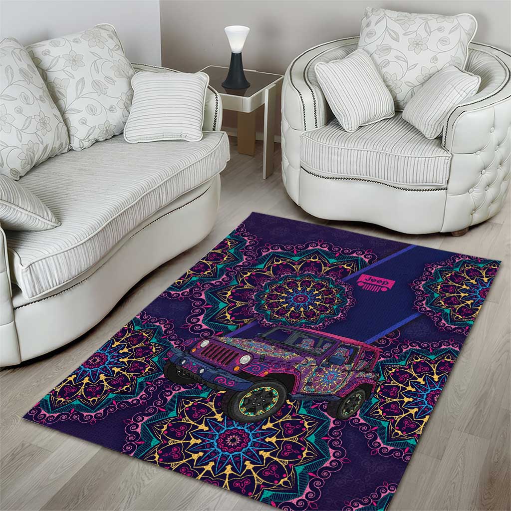 Jeep Psychedelic Ride Area Rug Neon Mandala Bohemian Art Style TS04