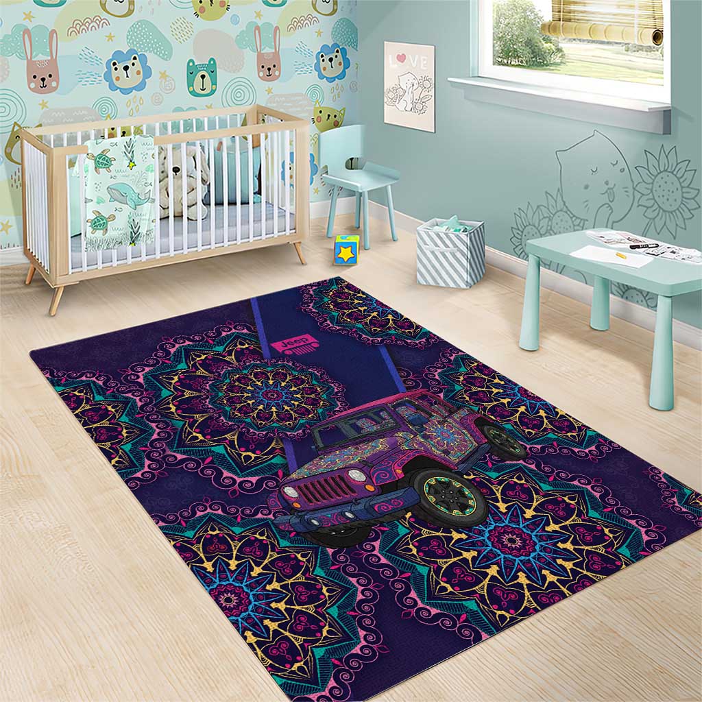 Jeep Psychedelic Ride Area Rug Neon Mandala Bohemian Art Style TS04