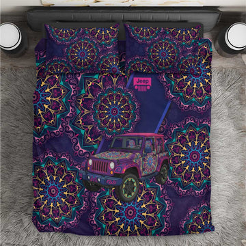 Jeep Psychedelic Ride Bedding Set Neon Mandala Bohemian Art Style
