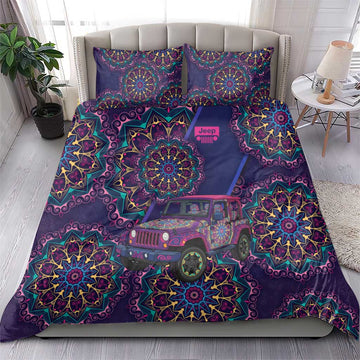 Jeep Psychedelic Ride Bedding Set Neon Mandala Bohemian Art Style