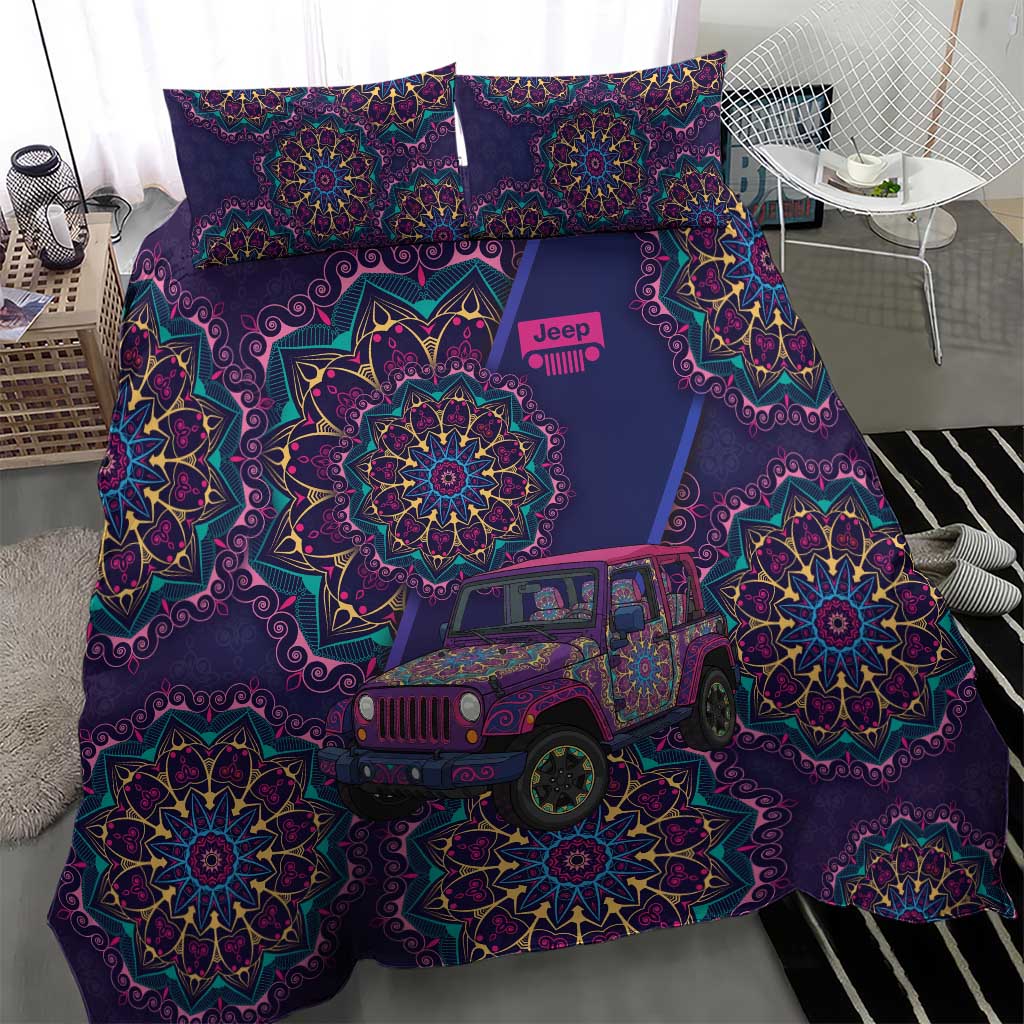 Jeep Psychedelic Ride Bedding Set Neon Mandala Bohemian Art Style