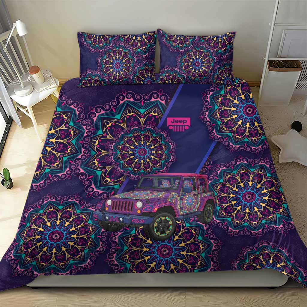 Jeep Psychedelic Ride Bedding Set Neon Mandala Bohemian Art Style