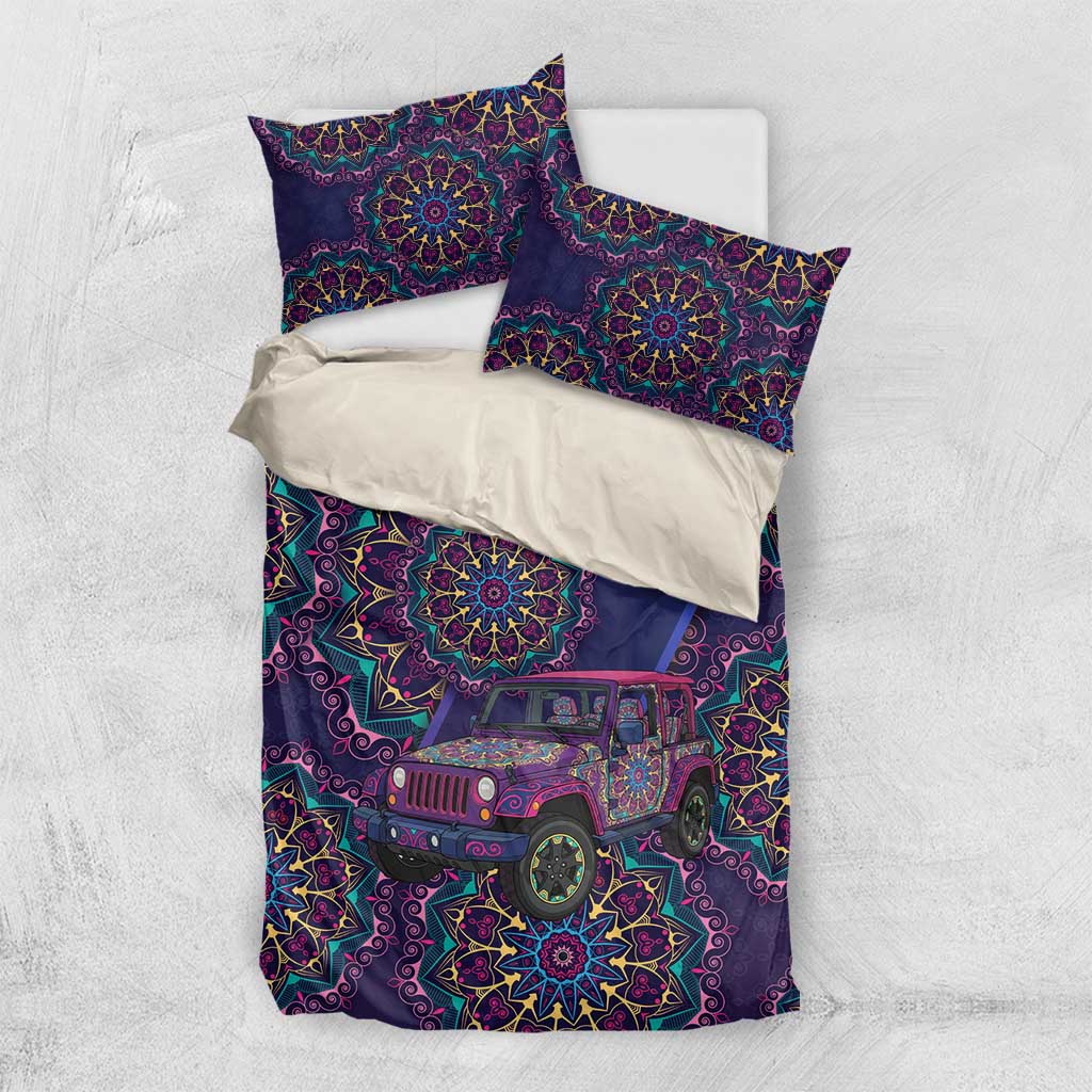 Jeep Psychedelic Ride Bedding Set Neon Mandala Bohemian Art Style