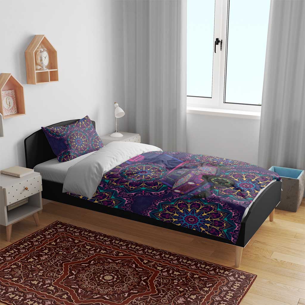 Jeep Psychedelic Ride Bedding Set Neon Mandala Bohemian Art Style