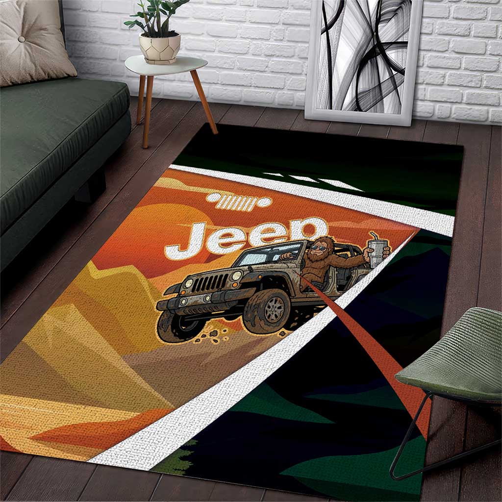 Trail Vibes Jeep with Bigfoot Area Rug Retro Desert Adventure Graphic Style TS04