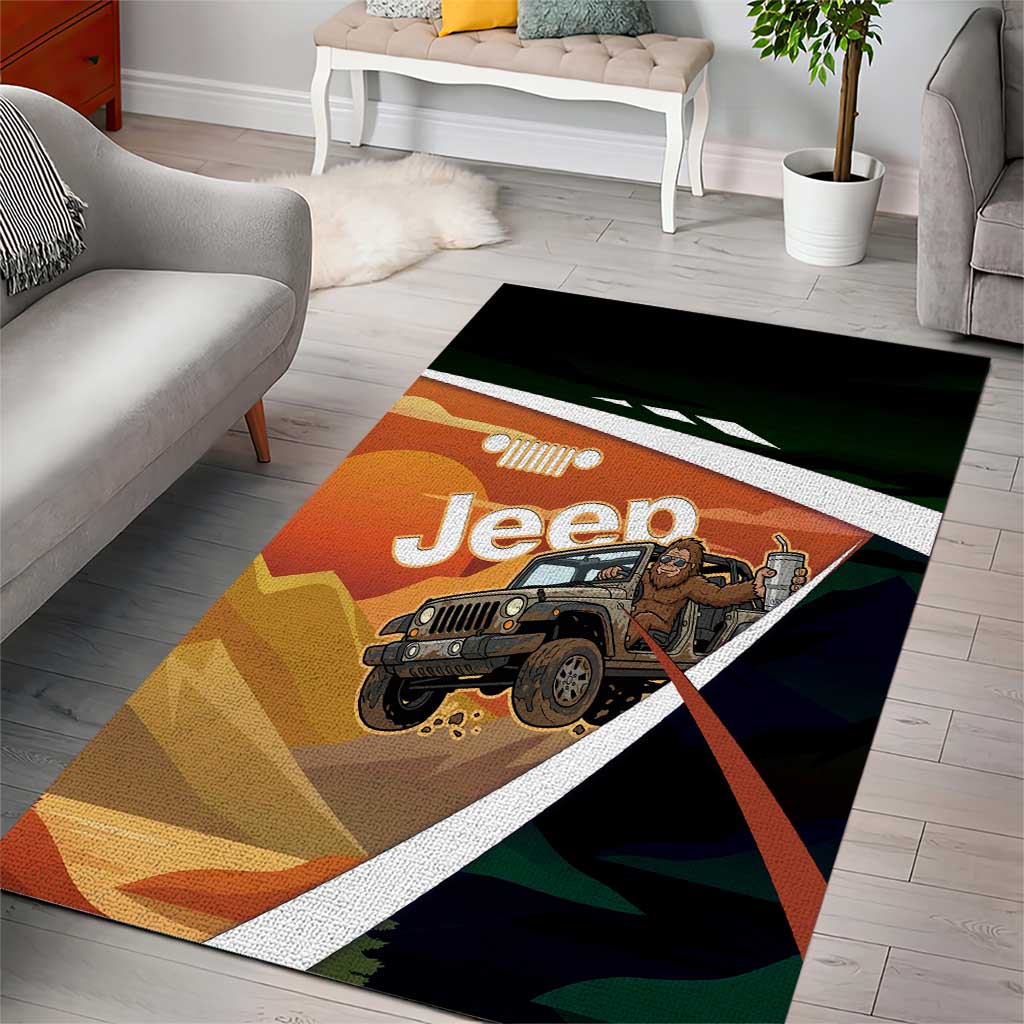 Trail Vibes Jeep with Bigfoot Area Rug Retro Desert Adventure Graphic Style TS04