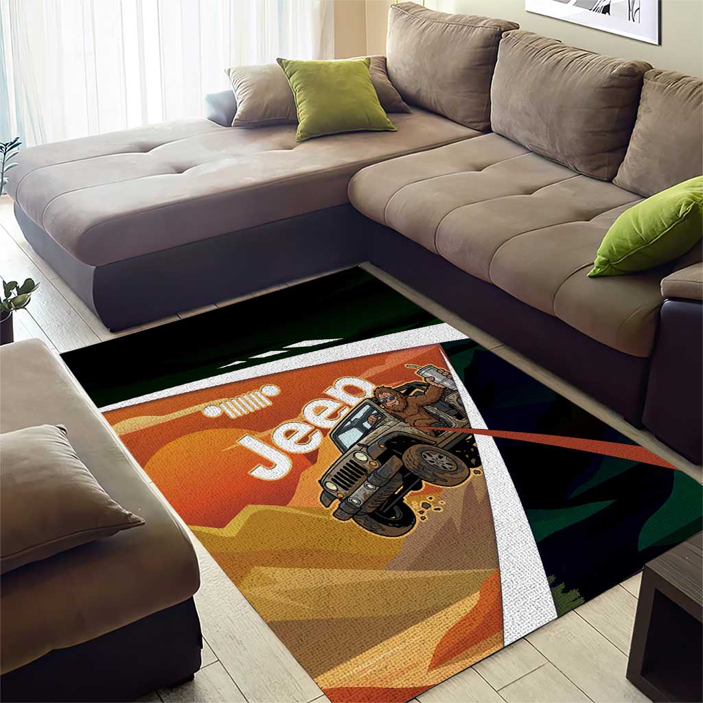 Trail Vibes Jeep with Bigfoot Area Rug Retro Desert Adventure Graphic Style TS04