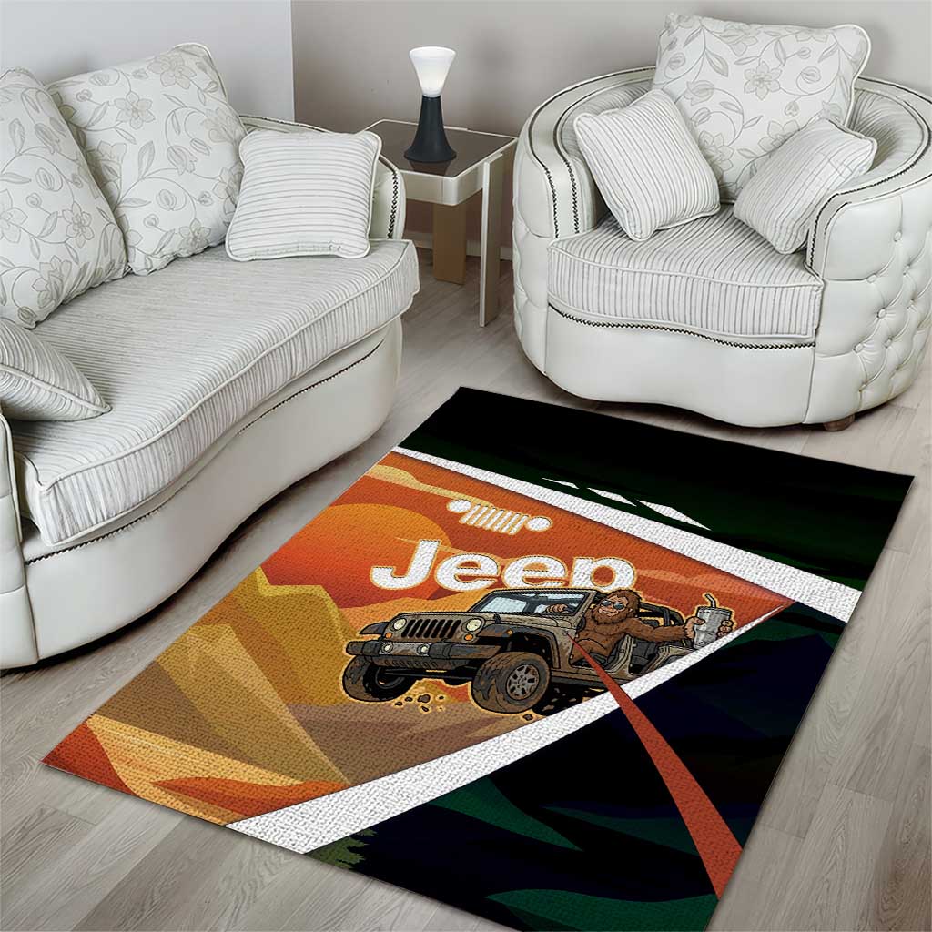 Trail Vibes Jeep with Bigfoot Area Rug Retro Desert Adventure Graphic Style TS04