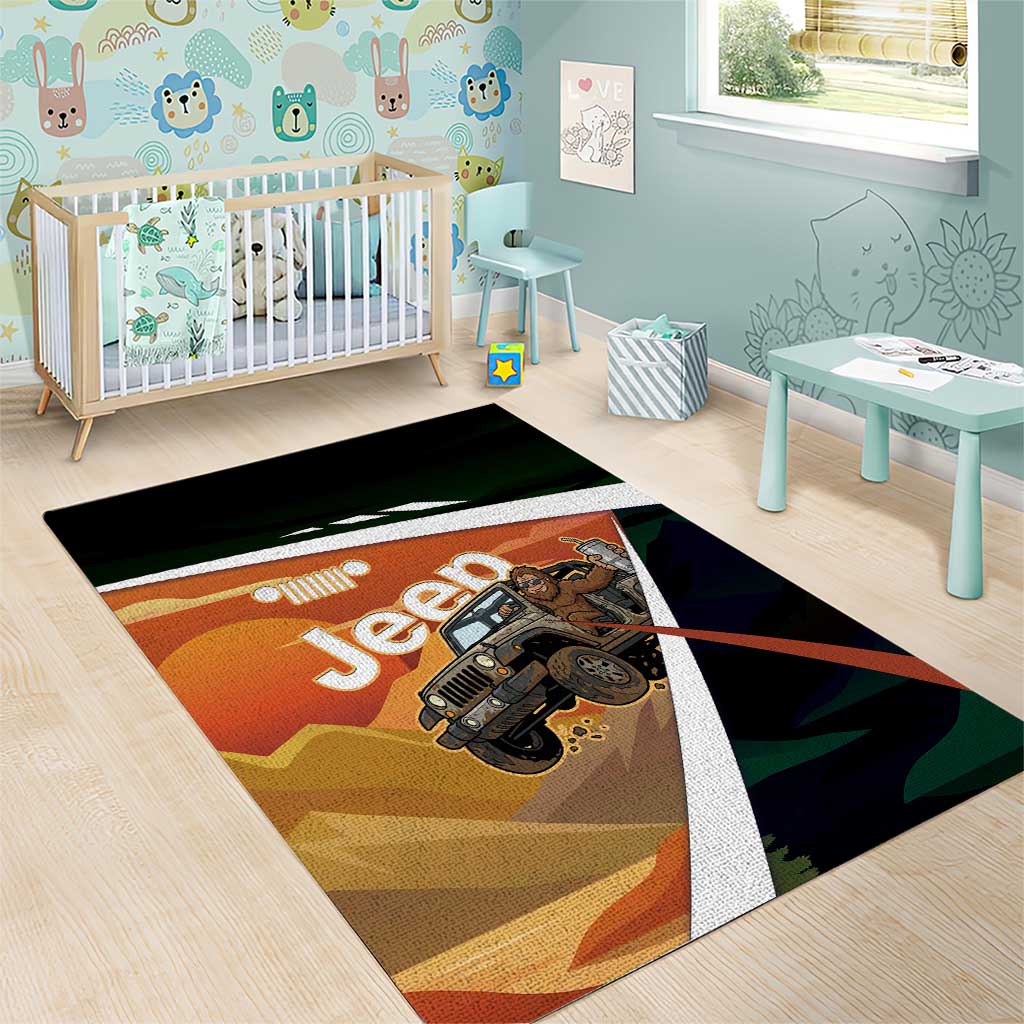 Trail Vibes Jeep with Bigfoot Area Rug Retro Desert Adventure Graphic Style TS04