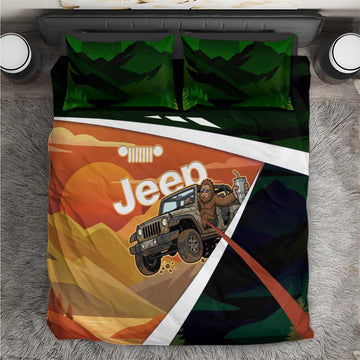 Trail Vibes Jeep with Bigfoot Bedding Set Retro Desert Adventure Graphic Style