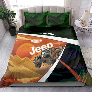 Trail Vibes Jeep with Bigfoot Bedding Set Retro Desert Adventure Graphic Style