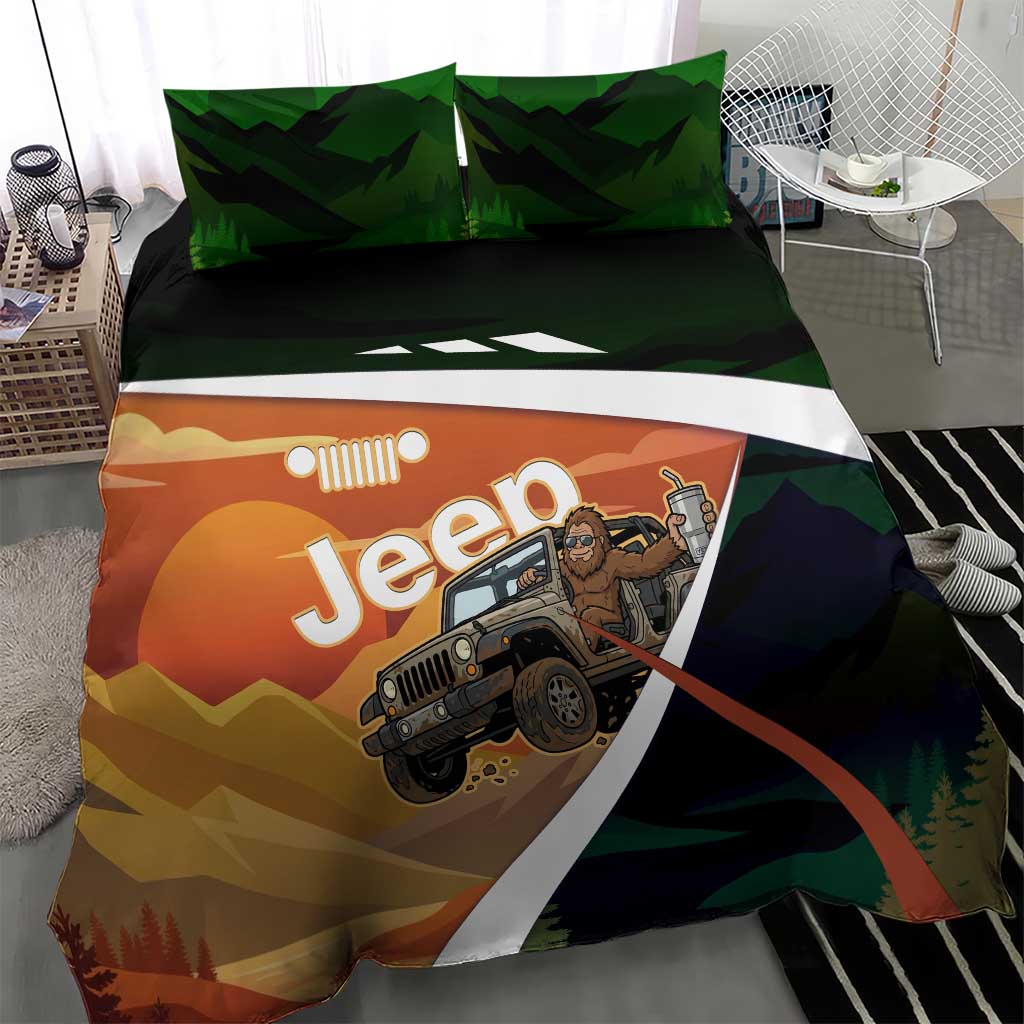 Trail Vibes Jeep with Bigfoot Bedding Set Retro Desert Adventure Graphic Style