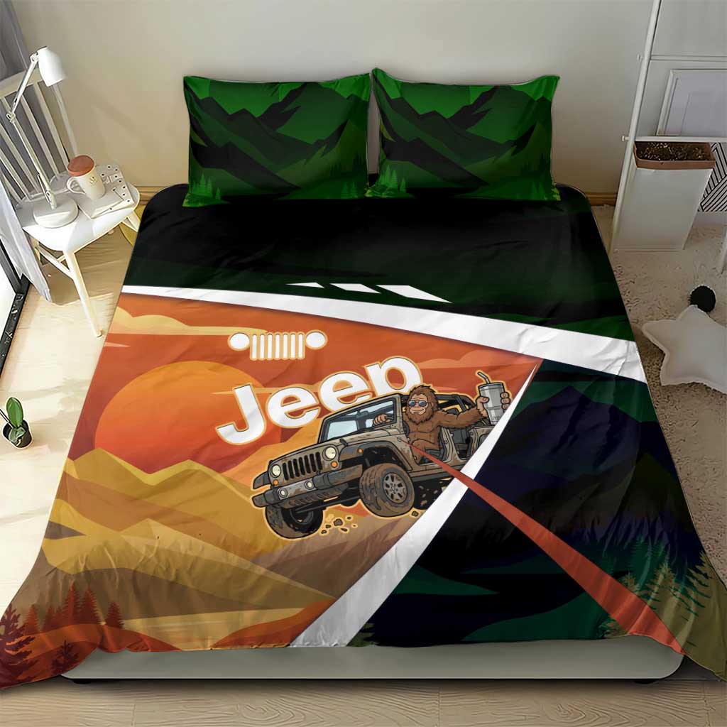 Trail Vibes Jeep with Bigfoot Bedding Set Retro Desert Adventure Graphic Style