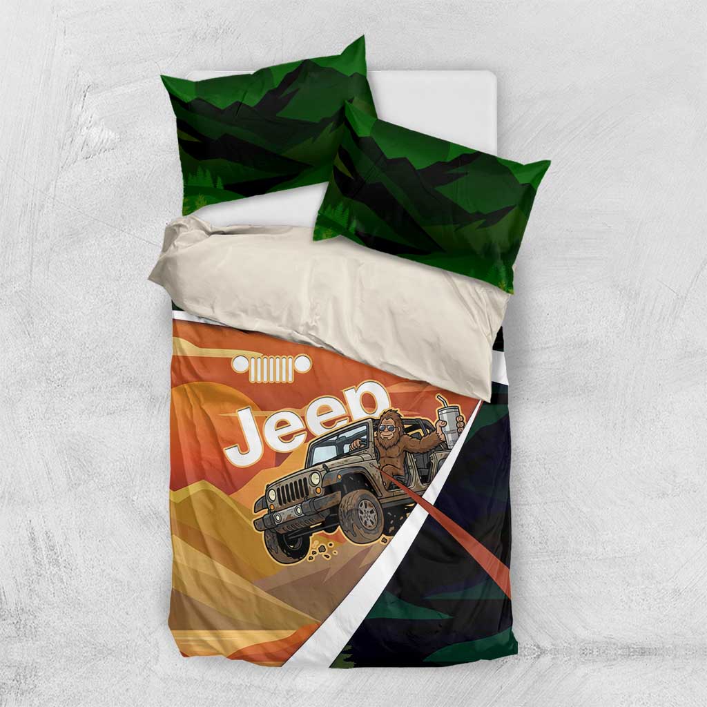 Trail Vibes Jeep with Bigfoot Bedding Set Retro Desert Adventure Graphic Style