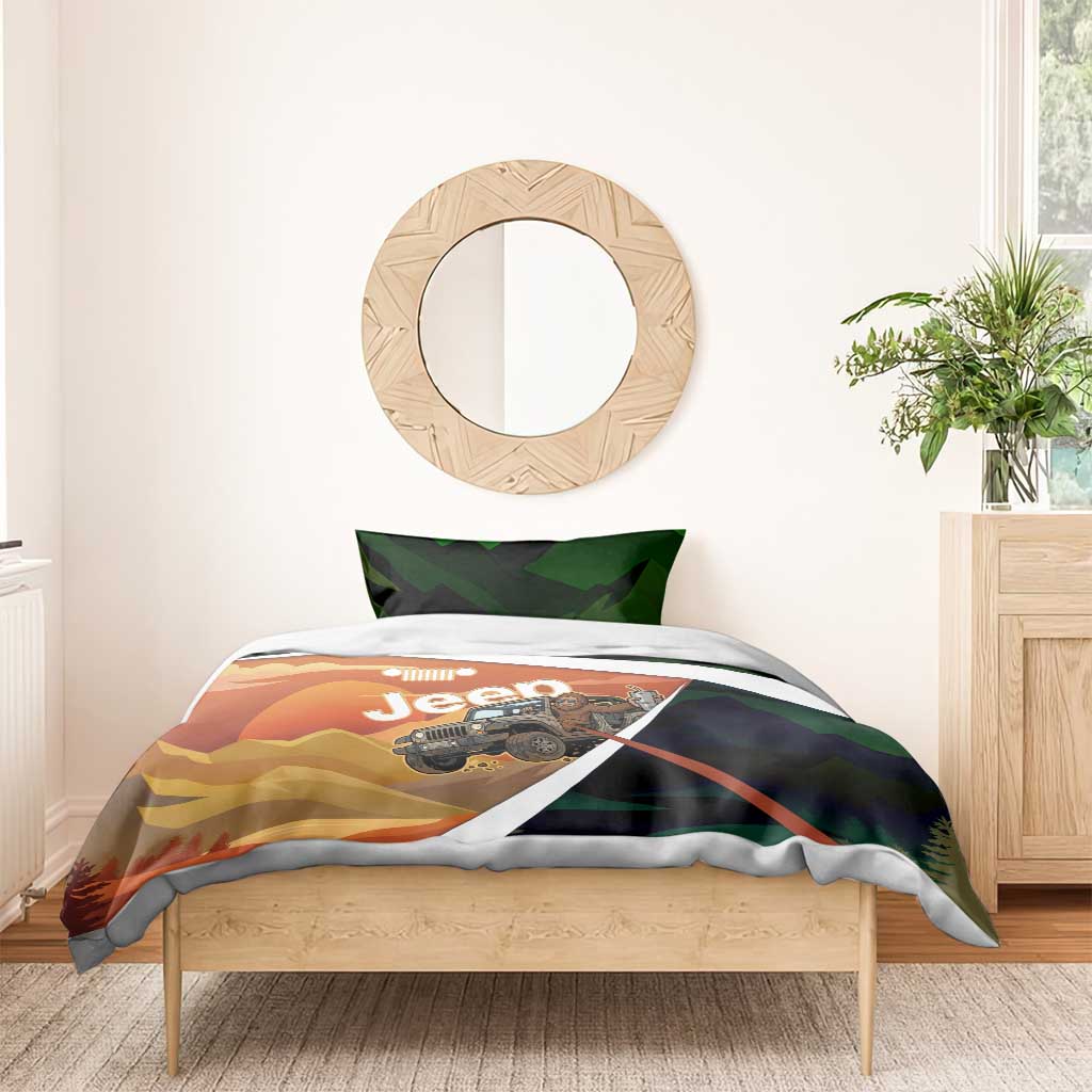Trail Vibes Jeep with Bigfoot Bedding Set Retro Desert Adventure Graphic Style