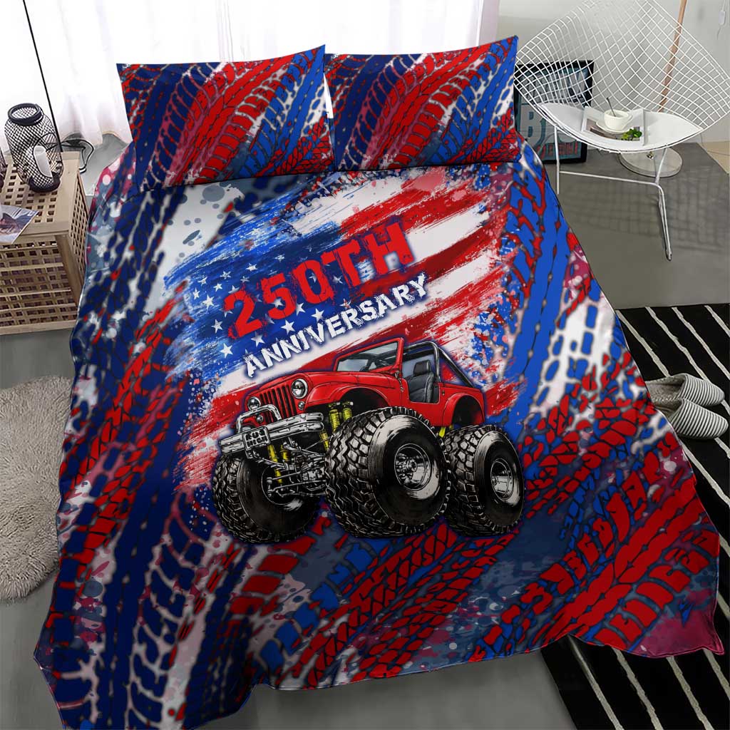 Jeep 250th Anniversary Tribute Bedding Set Grunge American Flag Street Art Style