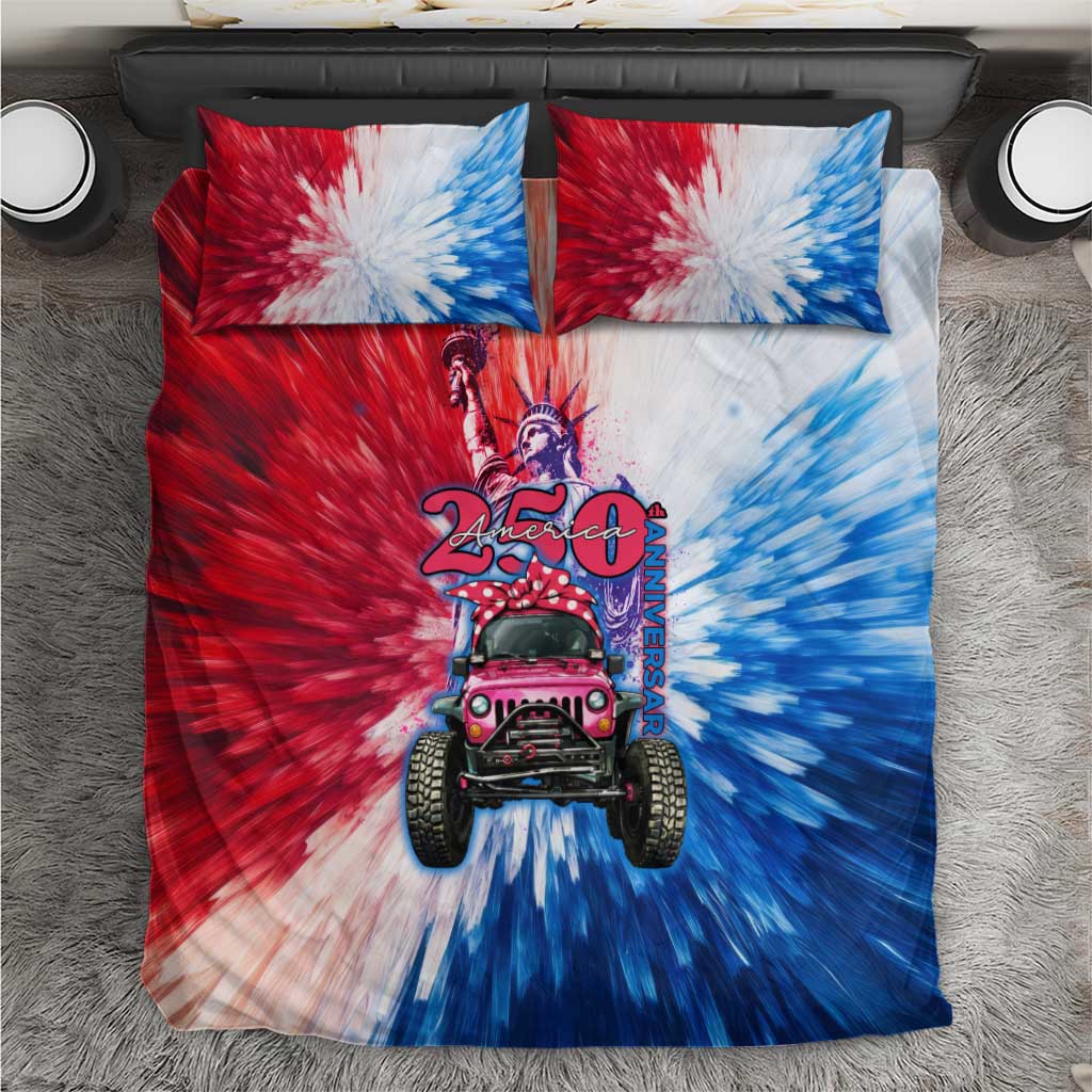 America 250th Anniversary Pink Jeep Bedding Set Tie-Dye Retro Feminine Art Style