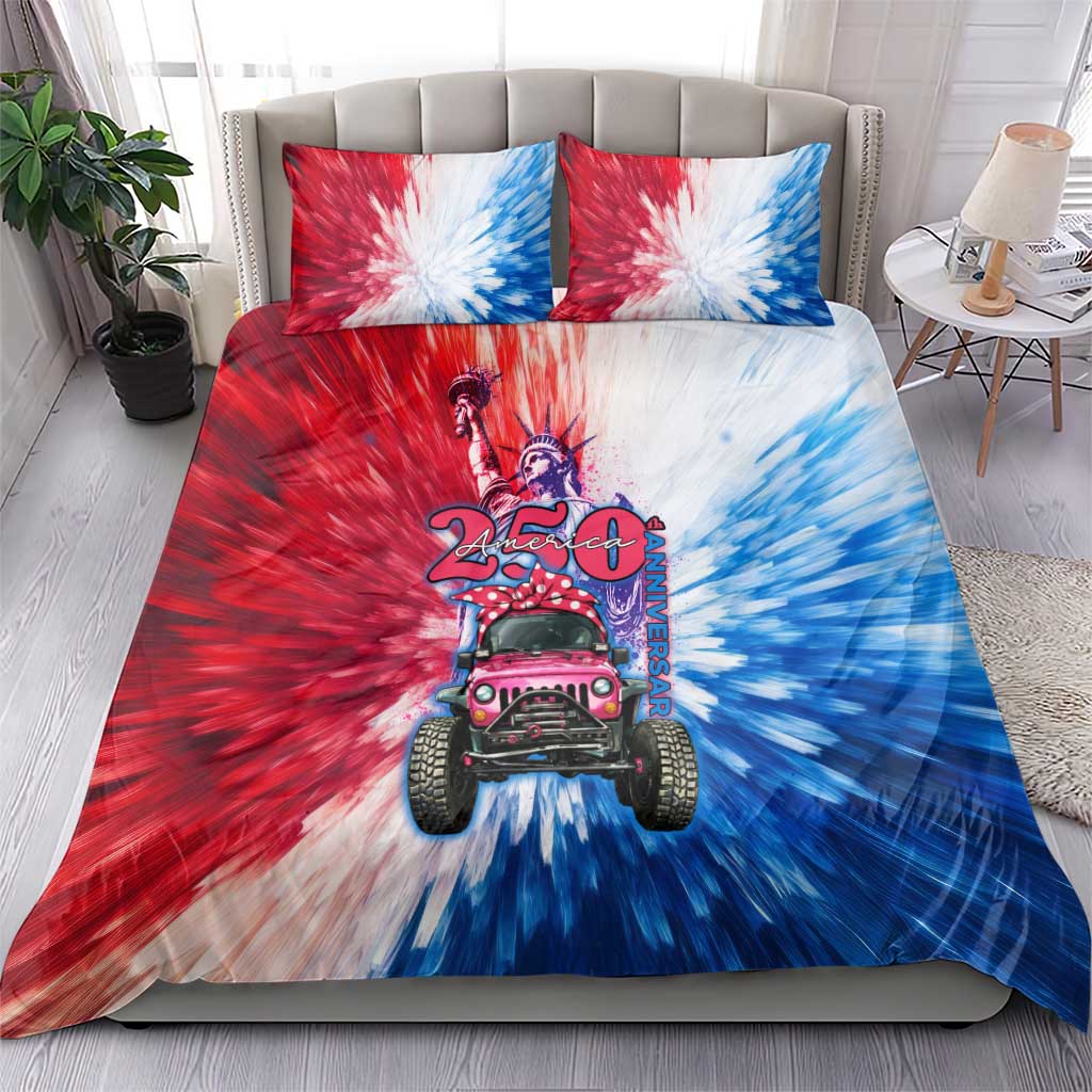 America 250th Anniversary Pink Jeep Bedding Set Tie-Dye Retro Feminine Art Style