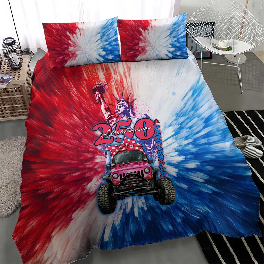America 250th Anniversary Pink Jeep Bedding Set Tie-Dye Retro Feminine Art Style
