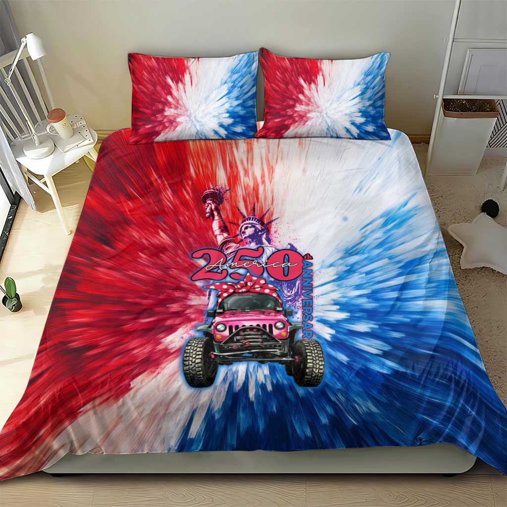 America 250th Anniversary Pink Jeep Bedding Set Tie-Dye Retro Feminine Art Style