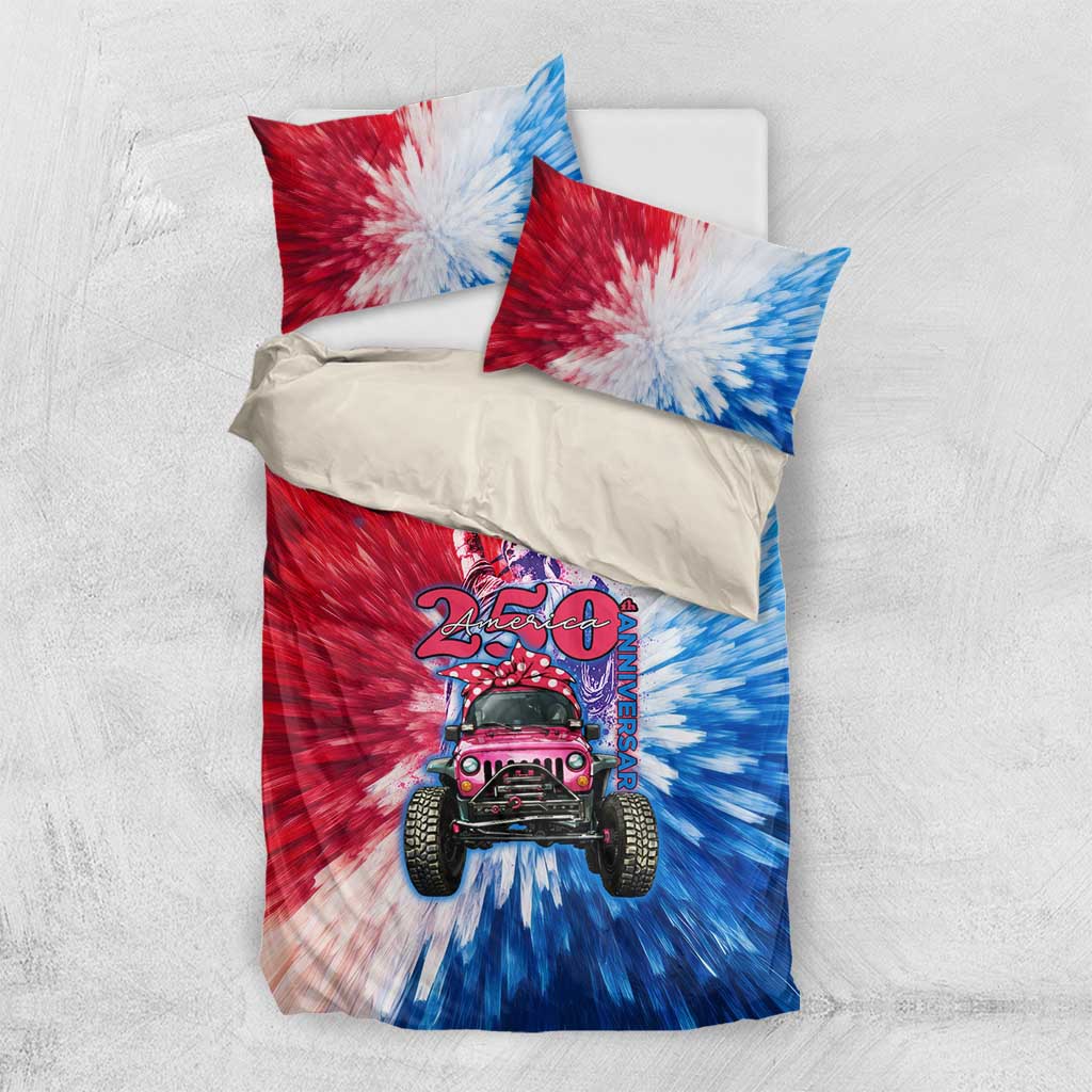America 250th Anniversary Pink Jeep Bedding Set Tie-Dye Retro Feminine Art Style