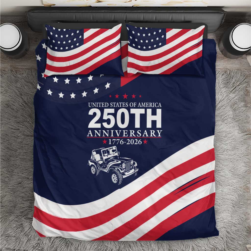 United States 250th Anniversary Jeep Tribute Bedding Set Patriotic Vintage Illustration Style