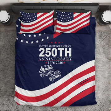 United States 250th Anniversary Jeep Tribute Bedding Set Patriotic Vintage Illustration Style