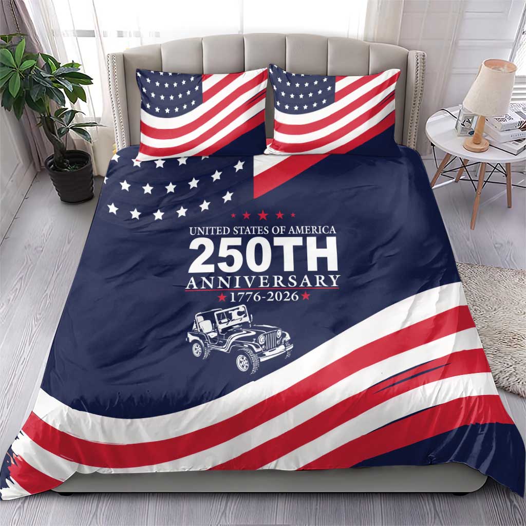United States 250th Anniversary Jeep Tribute Bedding Set Patriotic Vintage Illustration Style
