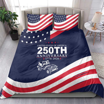 United States 250th Anniversary Jeep Tribute Bedding Set Patriotic Vintage Illustration Style