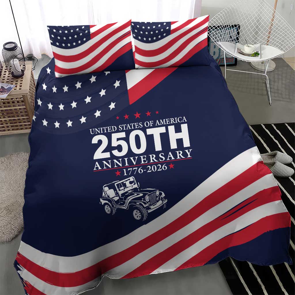 United States 250th Anniversary Jeep Tribute Bedding Set Patriotic Vintage Illustration Style