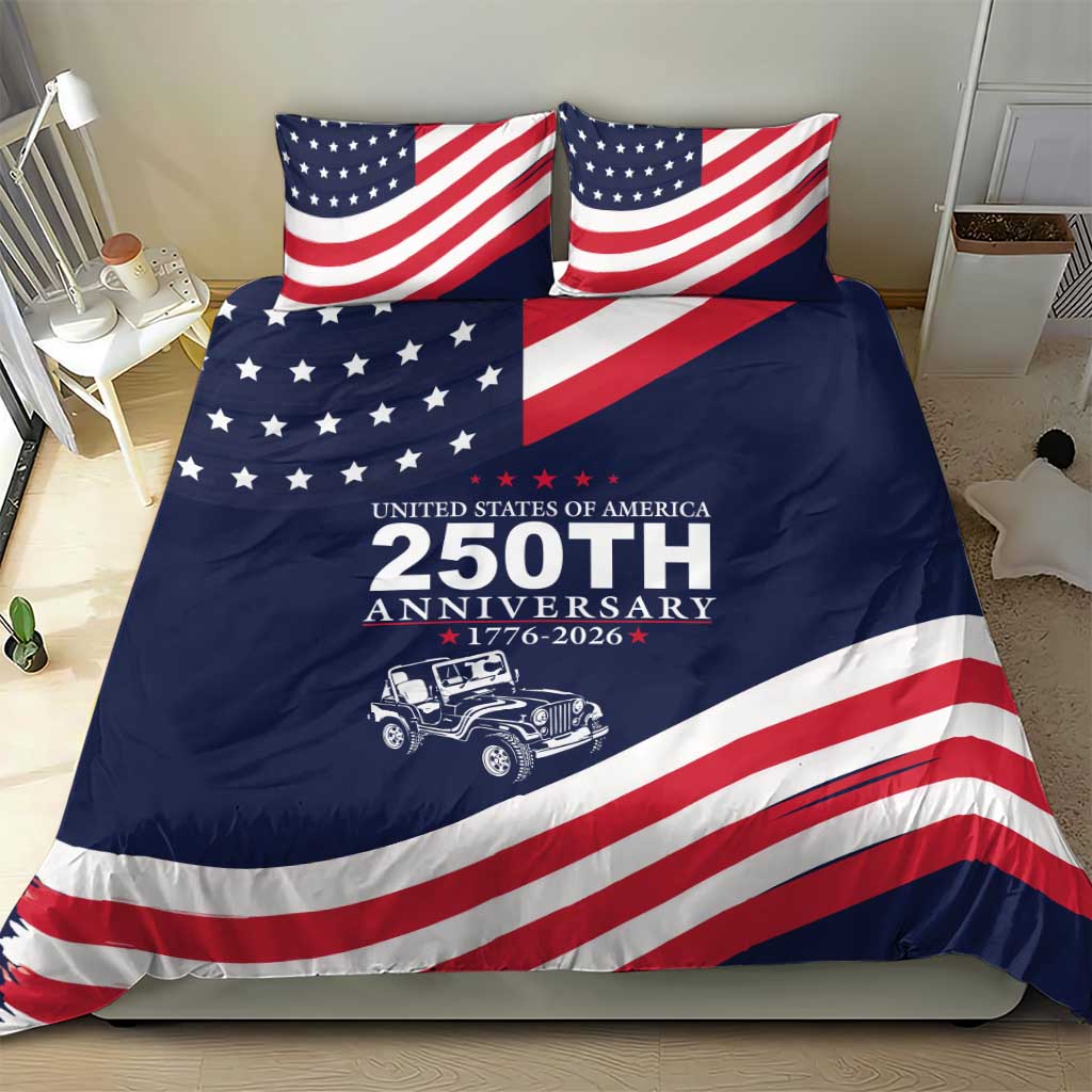 United States 250th Anniversary Jeep Tribute Bedding Set Patriotic Vintage Illustration Style