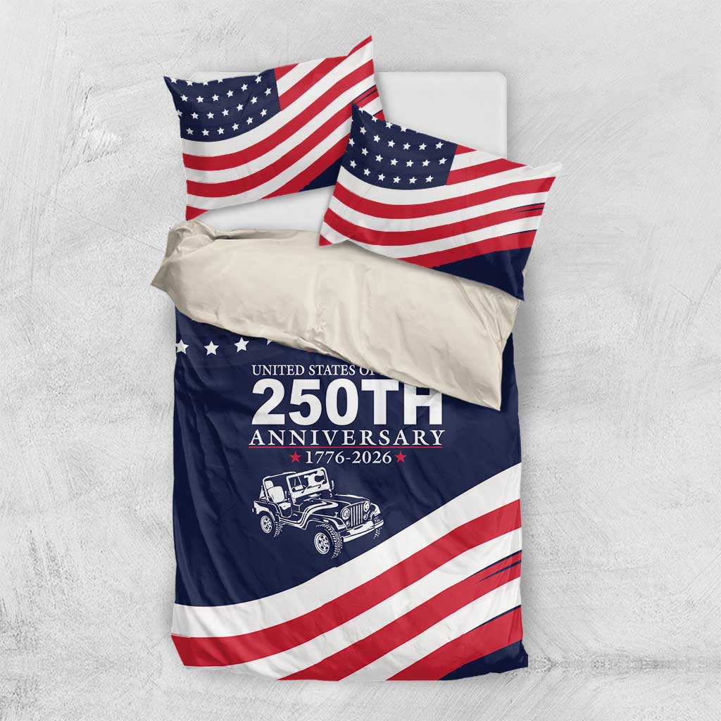 United States 250th Anniversary Jeep Tribute Bedding Set Patriotic Vintage Illustration Style