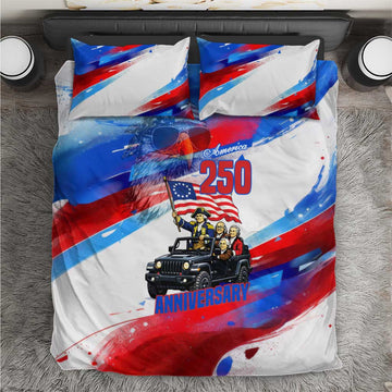 United States 250th Anniversary Founding Fathers Jeep Bedding Set Patriotic Cartoon Pop Art Style