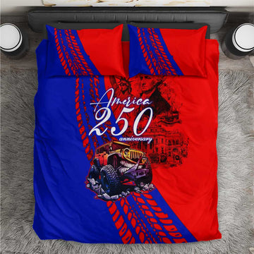 America 250th Anniversary Jeep Commemoration Bedding Set Grunge Sketch Comic Art Style
