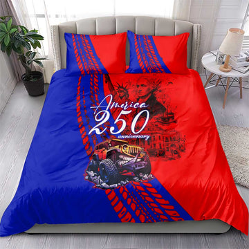 America 250th Anniversary Jeep Commemoration Bedding Set Grunge Sketch Comic Art Style