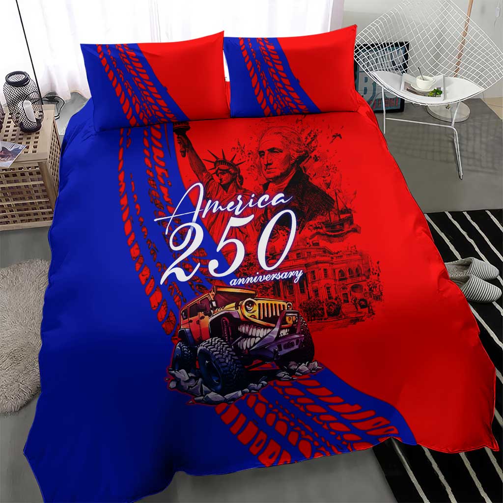 America 250th Anniversary Jeep Commemoration Bedding Set Grunge Sketch Comic Art Style