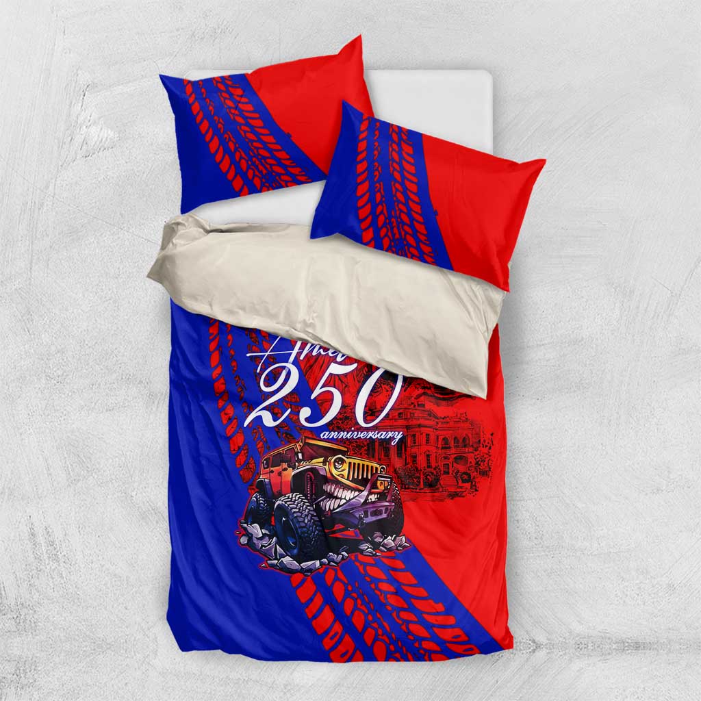 America 250th Anniversary Jeep Commemoration Bedding Set Grunge Sketch Comic Art Style