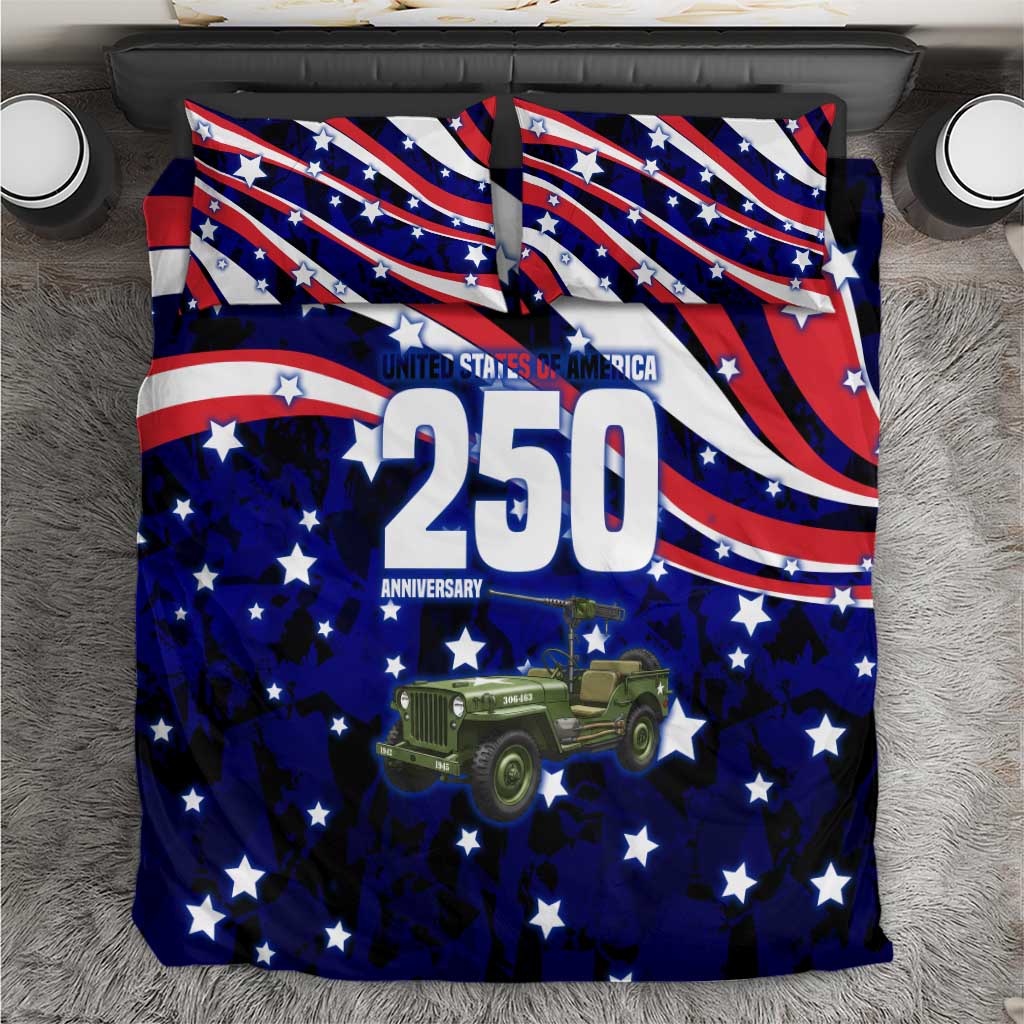 United States 250th Anniversary Military Jeep Tribute Bedding Set Patriotic Star-Spangled Vintage Art Style