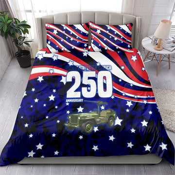 United States 250th Anniversary Military Jeep Tribute Bedding Set Patriotic Star-Spangled Vintage Art Style