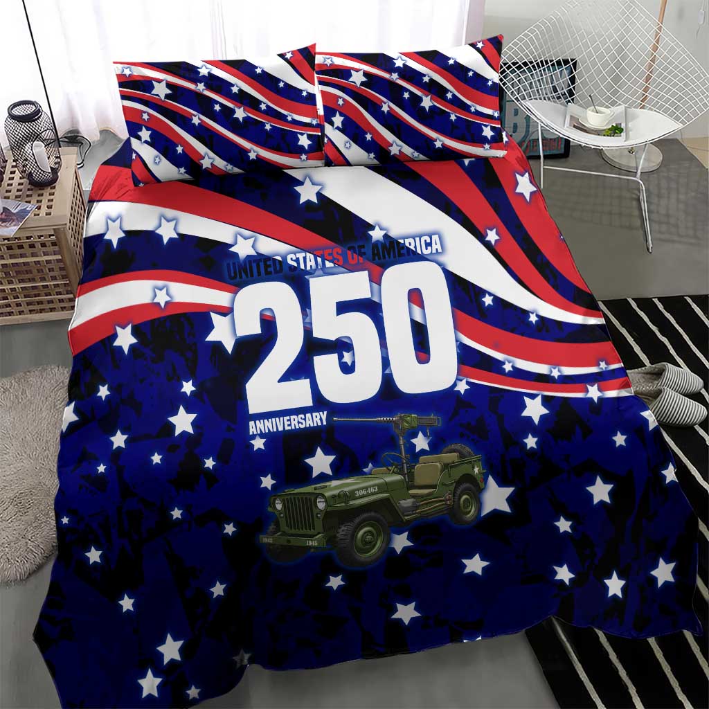 United States 250th Anniversary Military Jeep Tribute Bedding Set Patriotic Star-Spangled Vintage Art Style