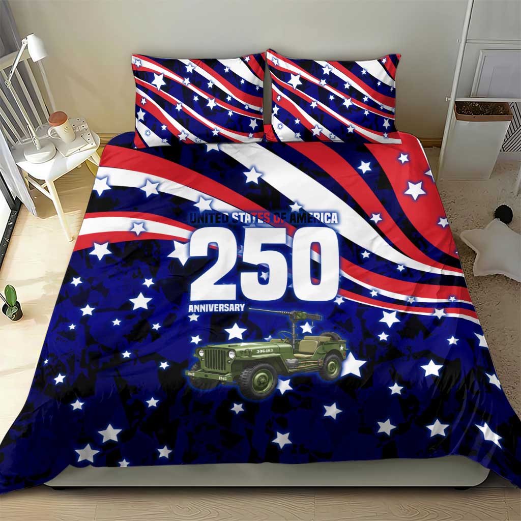 United States 250th Anniversary Military Jeep Tribute Bedding Set Patriotic Star-Spangled Vintage Art Style